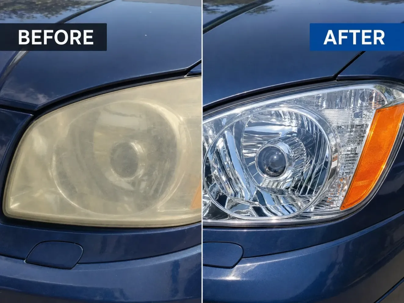 Before-and-after comparison of a hazed yellow headlight and the same lens restored to clear