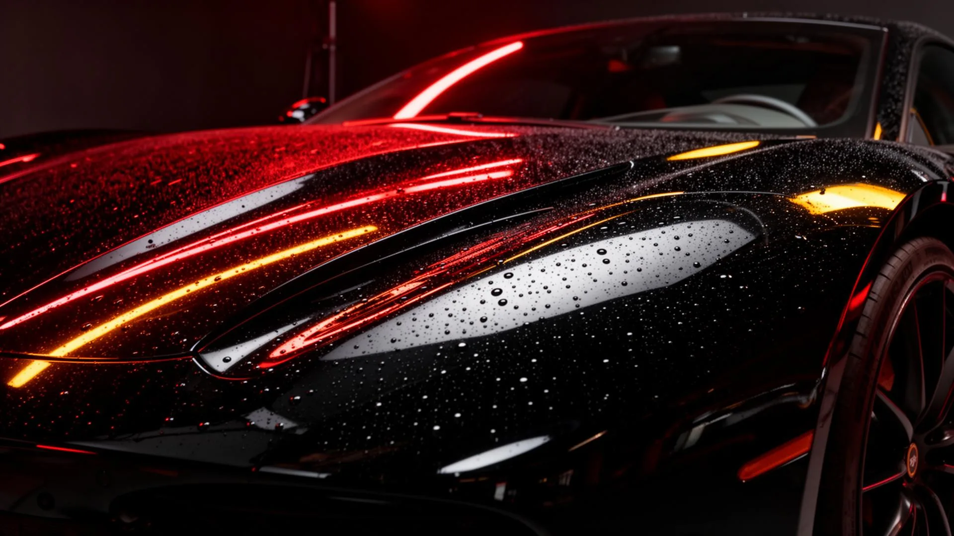 Beaded water droplets on the glossy black fender of a detailed sports car under red and amber studio lighting