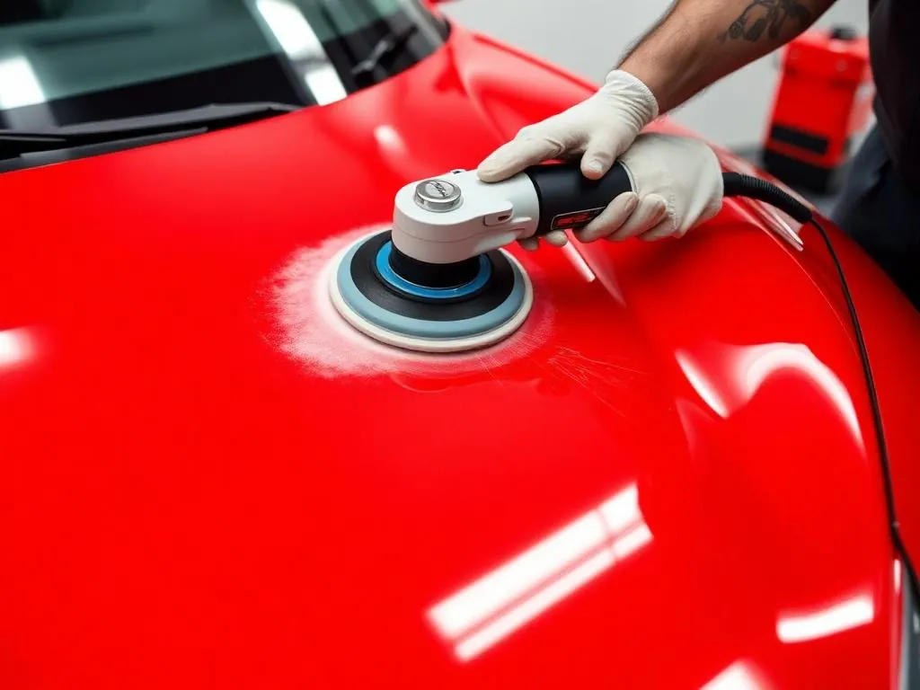 Gloved technician machine-polishing the red hood of a car