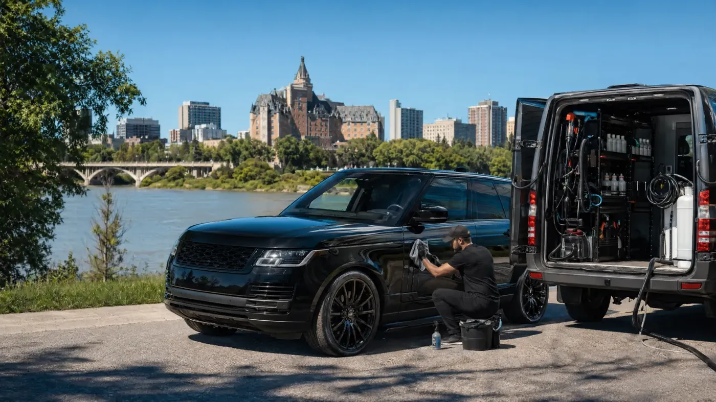 Detailer wiping a black SUV beside a fully equipped mobile-detailing van on the Saskatoon riverbank