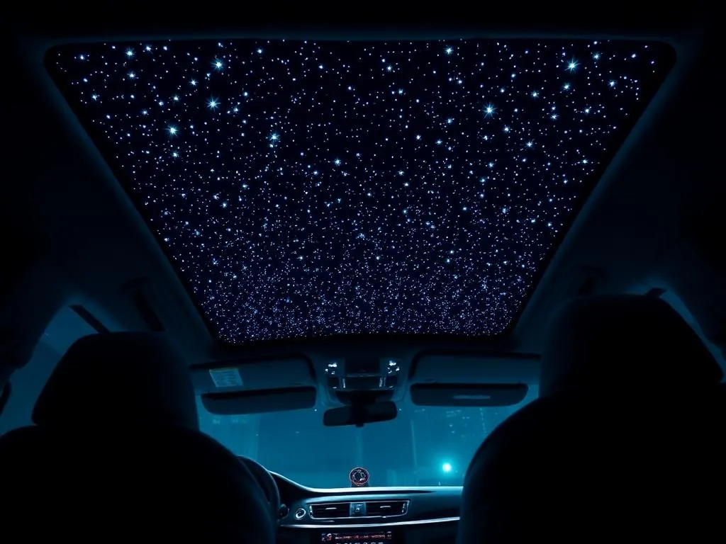 Fibre-optic starlight headliner illuminating a vehicle cabin at night