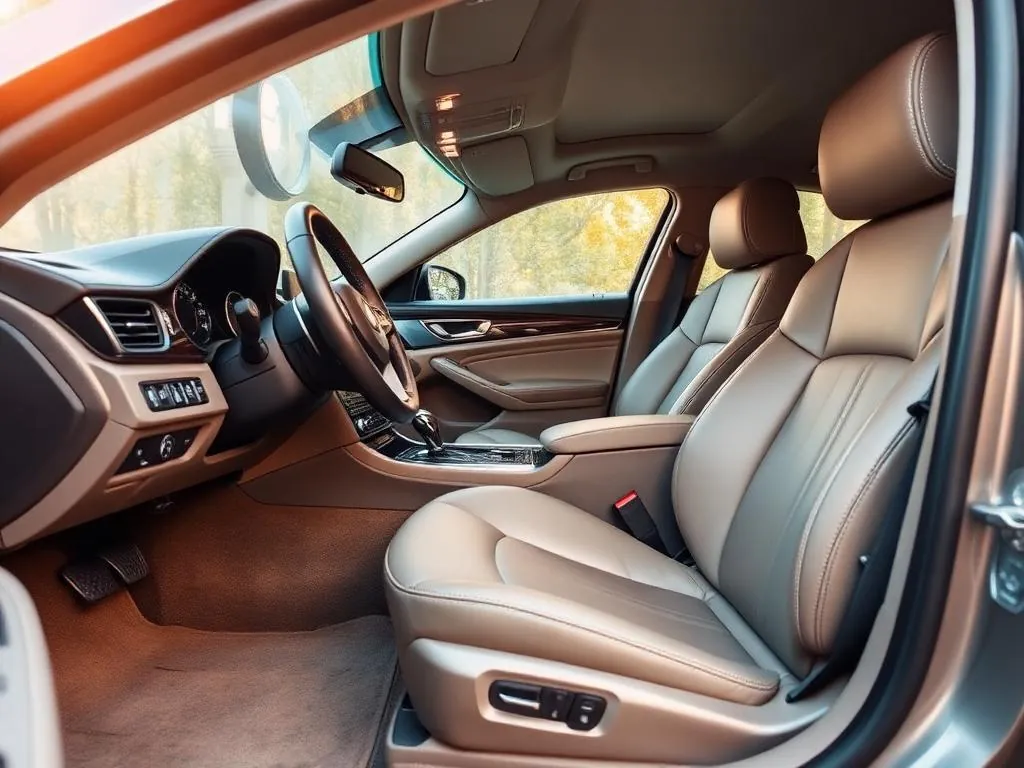 Clean beige leather front seats and dashboard of a detailed vehicle interior